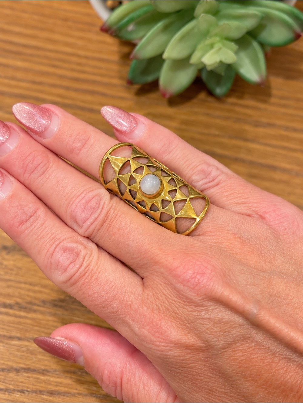 Gold-Tone Geometric Openwork Statement Ring with White Cabochon